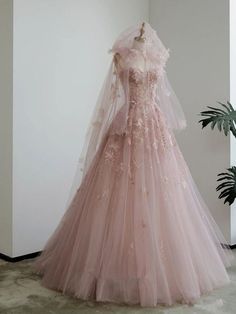 Pink Fairy Prom Dress, Pink Fitted A-line Gown, Pink A-line Gown For Wedding, Pink A-line Gown With Fitted Bodice, Pink Debut Dress, Pink Gown Aesthetic, Pink Princess Dress Fairytale, Pink Prom Dress Aesthetic, White And Pink Wedding Dress