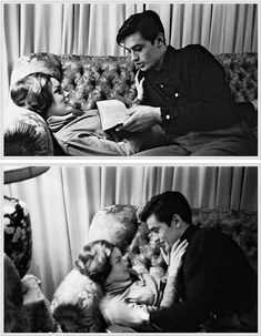 black and white photos of a man reading to a woman sitting on a couch in front of a window