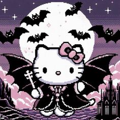 an image of hello kitty in front of a full moon with bats flying around her