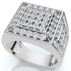 a white gold ring with square cut diamonds on the front and sides, set in 18k white gold