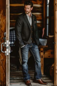 a groom wears jeans, a black blazer and cowboy boots for country wedding, western outfits Groom Country Wedding Attire, Groom Country Wedding, Cowboy Wedding Attire, Cowboy Boots With Jeans, Country Groom Attire, Cowboy Boots And Jeans, Country Outfits Men, Country Outfits For Men, Vest For Men Wedding