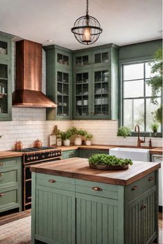 Cozy kitchen with light green cabinets and wooden counters Brick Floor Kitchen Green Cabinets, Green Craftsman Kitchen, Green Cabinets Stone Backsplash, Green Backsplash Butcher Block Counter, Green Cabinets And Backsplash, Blue And Green Kitchen Cabinets, Green Kitchen With Butcher Block Counter, Green Cabinets Butcher Block Counter, Kitchen Cabinet Green Color Ideas