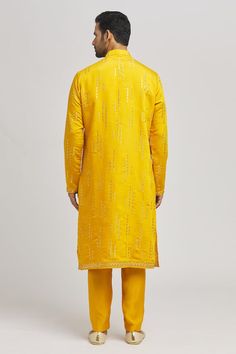 Yellow straight kurta with mirror embroidery. Paired with a pant and dupatta. - Aza Fashions Traditional Festive Pant Set With Mirror Work, Festive Traditional Pant Set With Mirror Work, Festive Mirror Work Pant Set, Festive Pant Set With Mirror Work, Traditional Pant Set With Mirror Work, Festive Yellow Pant Set With Resham Embroidery, Traditional Long Sleeve Pant Set With Mirror Work, Sets With Gold Embroidery For Eid And Traditional Ceremonies, Ceremonial Sets With Gold Embroidery For Festivals