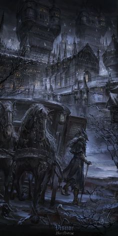 an image of a horse drawn carriage in the middle of a dark city at night