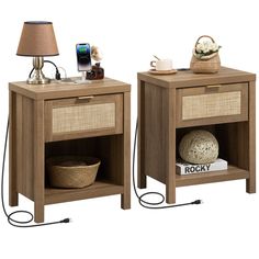 two nightstands side by side, one with a phone and the other with a basket