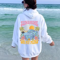 Beach Hoodie, Sunshine on my Mind hoodie,Sunset Sweatshirt, oversize hoodie, woman hoodie, aesthetic clothes, summer clothes,Surf Tee Perfect gift for friends, family, and all loved ones. Order affordable, high-quality, personalized t-shirts.  Carefully hand-printed using the latest technology printing houses and water-based ink. Thanks for choosing us.  WHAT SIZE FITS ME BEST  Please scroll through the photos. Measurements for clothing types and sizes are listed as well.  These are a unisex fit Summer Casual Hoodie With Letter Print, Casual Summer Hoodie With Letter Print, Hoodie Sweatshirt For Summer Vacation, Summer Vacation Hoodie With Graphic Print, Summer Beach Hooded Sweatshirt, Hooded Beach Sweatshirt For Summer, Oversized Letter Print Hoodie For Vacation, Oversized Hoodie With Letter Print For Vacation, Relaxed Fit Hoodie For Spring Beach Days