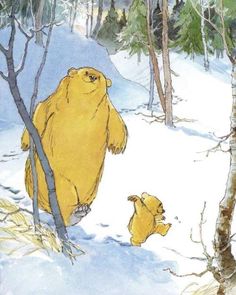 an illustration of two bears in the snow, one is looking at another bear that is standing on its hind legs