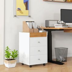 a desk with a computer on top of it next to a potted plant and bookshelf