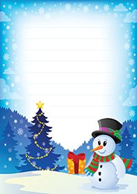 a snowman holding a present in front of a christmas tree with a blue background