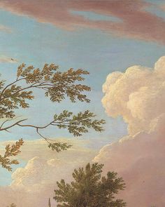 an oil painting of trees and clouds in the sky