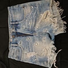 Never Worn Custom Made Shorts Bought Them Off Here Didn't Fit Me Sparkly Jean Shorts, Bedazzled Shorts, Eras Outfit, How To Make Shorts, Disco Ball, Eras Tour, Custom Made, Blue White, Color Blue