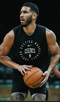 a man holding a basketball in his right hand and looking at the ball with both hands