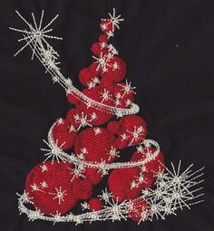 a red and white christmas tree made out of balls on a black background with stars