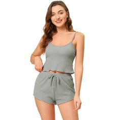 This style of stretchy cami lounge sets it's easy to put on or take off, which can give you a light and simple dressing experience,keep you nice and comfortable all day. Top: This cami tops features crop length and sleeveless. Bottom: Short pants with elastic waist, ruffle trim and bow decor. The super soft pajamas set for women is stretchy, soft, lightweight, breathable and comfortable to wear as. This pajamas set is casual,even if guest visits suddenly, you won’t feel embarrassed, make your ho Summer Seamless Pajama Shorts For Loungewear, Casual Seamless Camisole Sleepwear, Casual Seamless Cami Sleepwear, Casual Loungewear Sets With Spaghetti Straps, Casual Seamless Sleepwear For Lounging, Stretch Summer Leisure Sleepwear, Casual Short Camisole For Loungewear, Stretchable Summer Leisure Sleepwear, Summer Stretch Leisure Sleepwear