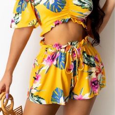 Cute Multicolored Two Piece Floral Skirt Set! Has Stretch! Polyester! #Buttercup! Cute Yellow Shorts For Spring, Cute Yellow Summer Shorts, Yellow Floral Print Vacation Bottoms, Yellow Floral Print Beach Shorts, Vacation Yellow Floral Print Bottoms, Casual Yellow Floral Print Shorts, Casual Yellow Bottoms For Brunch, Yellow Summer Bottoms For Brunch, Yellow Shorts For Spring Vacation