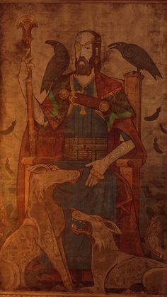 an old painting with a man sitting in a chair and two birds on his arm