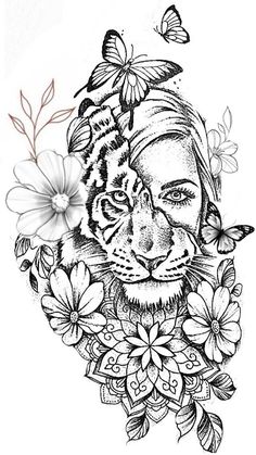 a drawing of a tiger with flowers and butterflies on it's head, in black and white