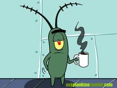 a cartoon character holding a coffee cup with steam coming out of its head and eyes