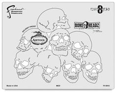 a bunch of skulls that are in the middle of a line up with words on them