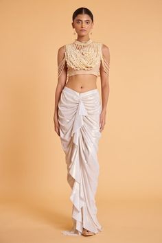 Ivory draped skirt in foiled spandex base. - Aza Fashions White Fitted Draped Skirt For Party, Ivory Drapes, Fashion Library, Skirts Long, Draped Skirt, Wrap Around Skirt, Skirt For Women, Women Skirts, Skirt Women