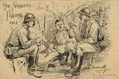 a drawing of three men sitting next to each other