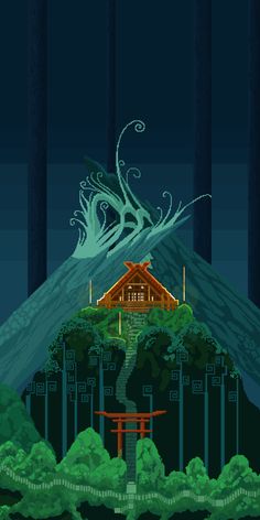 an image of a house in the woods at night with trees and mountains behind it