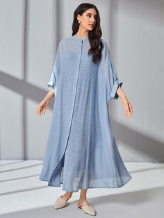 Dusty Blue Casual  Three Quarter Length Sleeve Viscose Plain Shirt Embellished Non-Stretch  Women Dresses Design Kurta, Clothing Model, Trendy Fashion Tops, Designer Dresses Casual, Sheer Shirt, Fancy Dress Design, Model Beauty, Stylish Dress Designs, Shirt Dresses