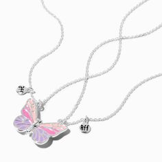 Best Friends UV Color-Changing Split Butterfly Pendant Necklaces - 2 Pack Pink Adjustable Necklace For Friendship, Playful Adjustable Silver Necklace, Playful Adjustable Silver Charm Necklace, Cute Adjustable Charm Necklace For Friendship, Adjustable Cute Charm Necklaces For Friendship, Cute Adjustable Charm Necklaces For Friendship, Adjustable Multicolor Charm Necklace For Friendship, Adjustable Hypoallergenic Necklace For Friendship, Pink Necklaces For Friendship And Mother's Day