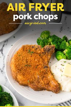 air fryer pork chops on a plate with broccoli and mashed potatoes