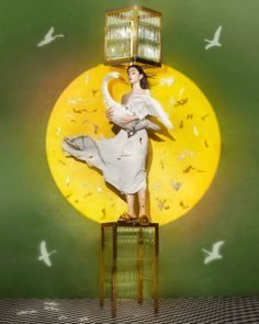 a woman standing on top of a bird cage with two birds flying around her head