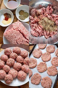 meatballs and other ingredients laid out on top of a wooden table, including raw meat