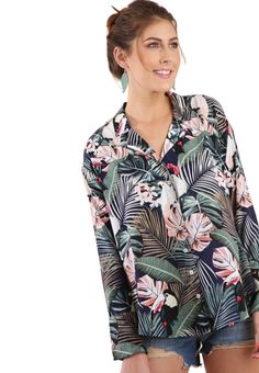 Navy Blue Tropical Print Collared Button Up Top with Long Bell Sleeves light weight fabric perfect for a summer day. Style tied in the front Tropical Print Top, Mango Yellow, Studded Shirt, Tie Waist Shirt, Drape Jacket, Long Bell Sleeves, Womens Flannel Shirt, Beige Plaid, White Stripes Shirt