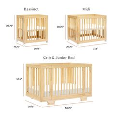 three cribs are shown with measurements for each baby's bed and mattress