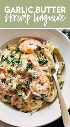 garlic butter shrimp linguinne in a white bowl