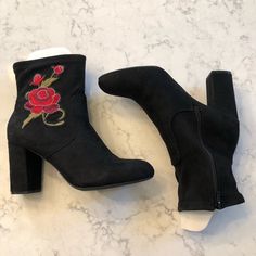 Pre-Owned, But, Never Worn. Black Suede, With Stretchy Ankle Area & Lower Suede. Embroidered Red Rose Emblem On Side. 3.5” Heel Casual Fitted Ankle Booties, Casual High Ankle Fitted Booties, Trendy Embroidered Winter Boots, Black Embroidered Boots With Round Toe, Black Round Toe Booties For Spring, Casual Black Booties With Block Heel, Casual Black Block Heel Booties, Fitted Casual Winter Booties, Casual Fitted Winter Booties