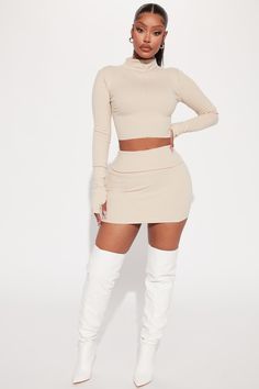 Available In Beige And Black. Skirt Set Long Sleeve Top Cropped Mock Neck Mini Skirt Fold Over Detail Stretch 92% Polyester 8% Spandex Imported | Just Over You Skirt Set in Beige size Large by Fashion Nova Beige Leather Skirt Outfit, Black Skirt Set, Matching Skirt Set, Girls Dress Outfits, Fashion Nova Outfits, Skirt And Top Set, Swag Outfits For Girls, Beige And Black, African Clothing Styles