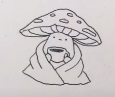 a black and white drawing of a person hiding under a mushroom with their head covered by a scarf