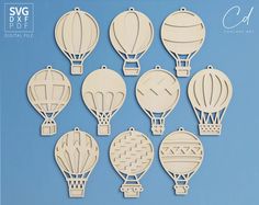 hot air balloons cutouts are shown on a blue background with the words svg dxf