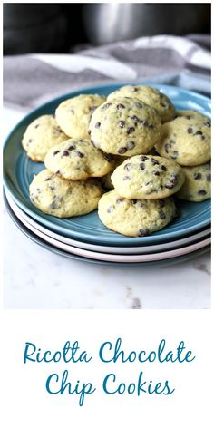 chocolate chip cookies on a blue plate with the words ricotta chocolate chip cookies above it