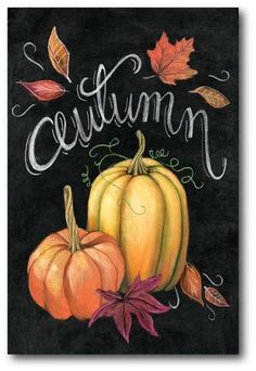 an autumn chalkboard with two pumpkins and leaves on it, the words autumn written in cursive writing