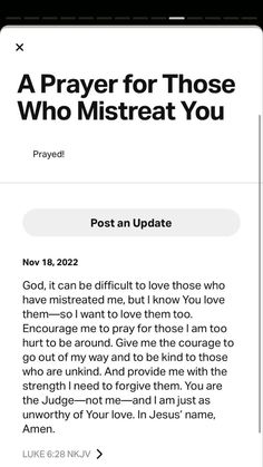 the front page of an app showing a prayer for those who mistreat you