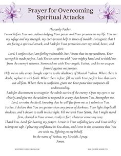 prayer for overcoming spiritual attacks with purple flowers on the bottom and words above it in white