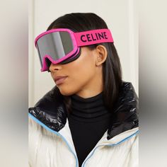 Brand New / Original Celine Eyewear's Sleek Ski Googles Are As Stylish As They Are Functional And Protective. They've Been Made In Italy From Polycarbonate That's Embellished With Shiny Silver Studs Surrounding The Anti-Scratch, Anti-Fog And Impact-Resistant Lenses. The Spongy Foam Backing Ensures They Won't Slip, While The Logo-Jacquard Strap Adjusts To Your Perfect Fit. Length: 20 Cm/7.9" Width: 9 Cm/3.5" Ski Glasses Fashion, Pink Ski Goggles, Smith Ski Goggles, Celine Eyewear, Ski Glasses, Ski Bunny, Cabin Trip, Ski Bunnies, Sport Clothes