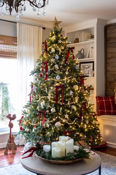 a decorated christmas tree in a living room