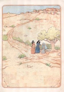 an old book with two women walking down a dirt road next to trees and buildings