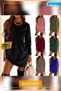 Round Neck Solid Color Long Sleeve Irregular Dress Solid Color Crew Neck Dress For Fall, Fall Crew Neck Solid Color Dress, Fall Crew Neck Dress In Solid Color, Casual Asymmetrical Fall Dresses, Solid Asymmetrical Dresses For Fall, Solid Asymmetrical Dress For Fall, Casual Asymmetrical Mini Dress For Fall, Casual Mini Dress With Asymmetrical Hem, Casual Asymmetrical Hem Winter Dress