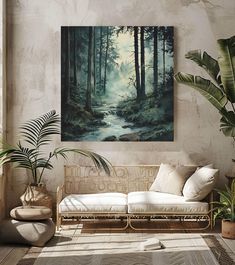 a painting hanging on the wall above a couch in a living room with potted plants