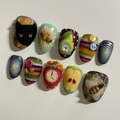 Fun Thanksgiving Nails, Clutter Nails, Bug Nail Art, Quirky Nails, Tile Nails, Weird Nails, Mushroom Nails, Food Nail Art, Vampire Nails