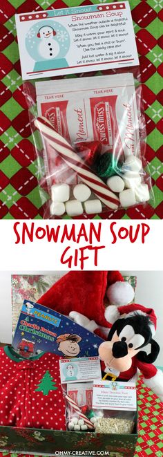 an elf's christmas gift is shown with the words snowman soup on it