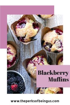 blueberry muffins in paper cups with berries on top and the words, blackberry muffins